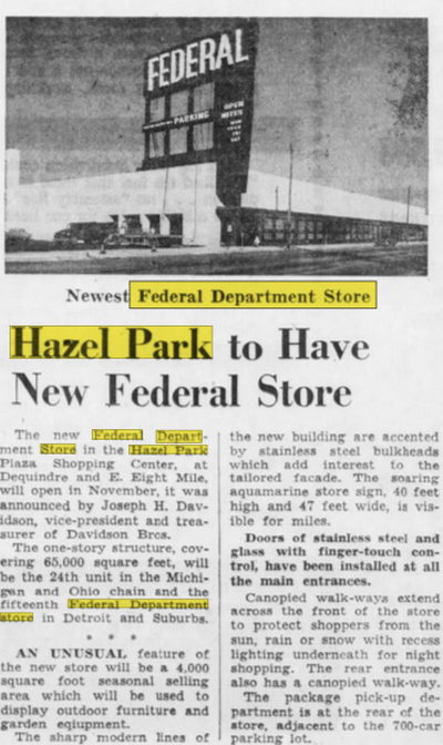 Federals (Federal Department Store) - Oct 21 1956 Article
